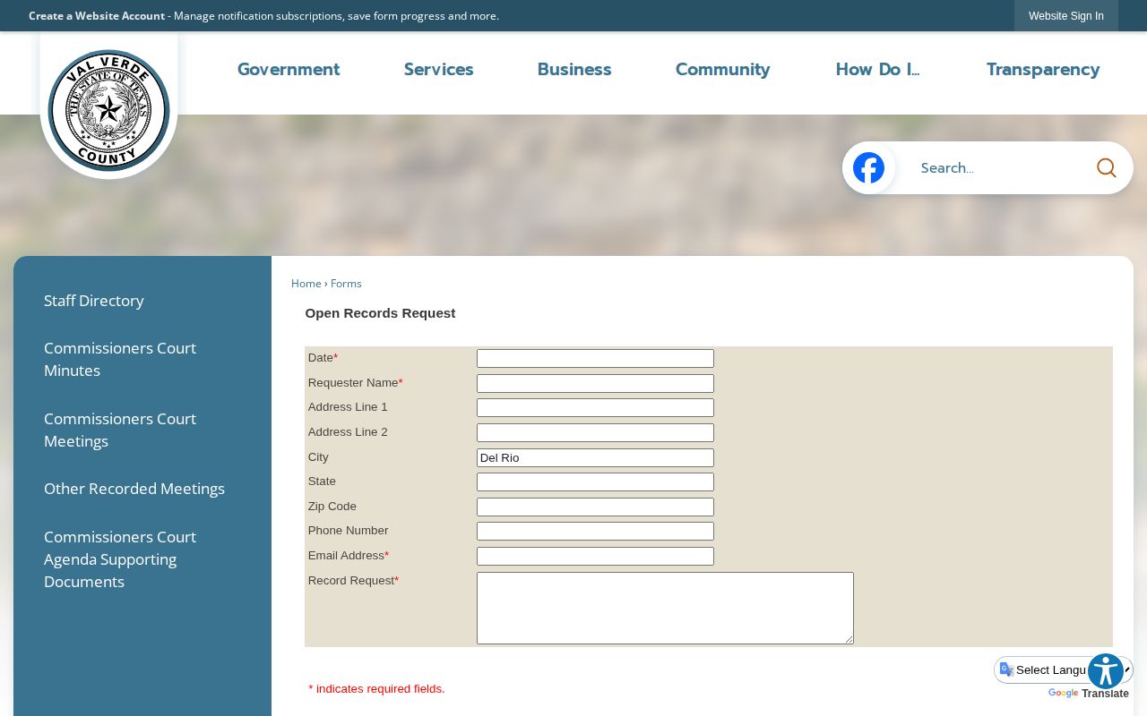 Val Verde County online public-records request form