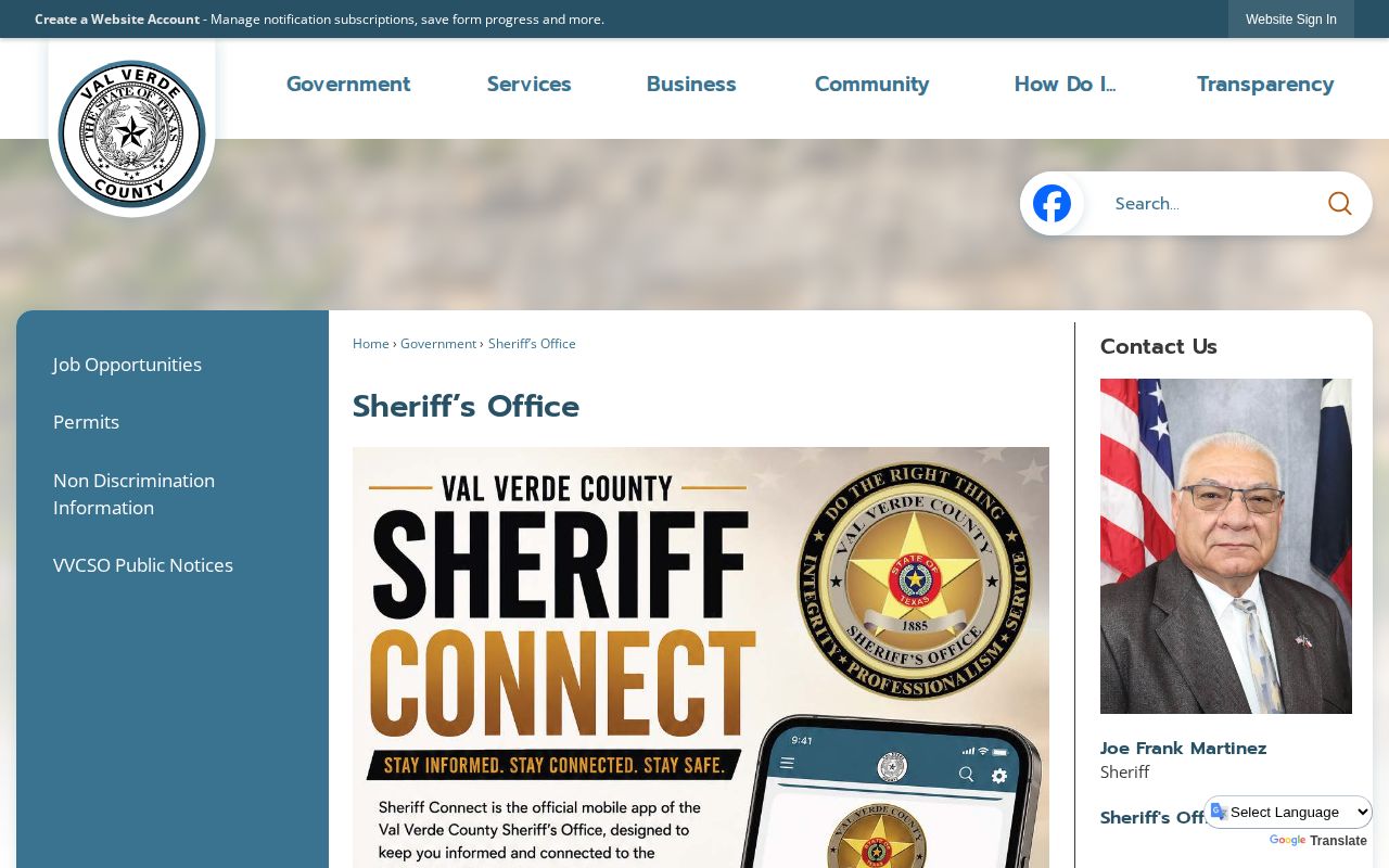 Val Verde County Sheriff Office page with contact and Sheriff App graphic