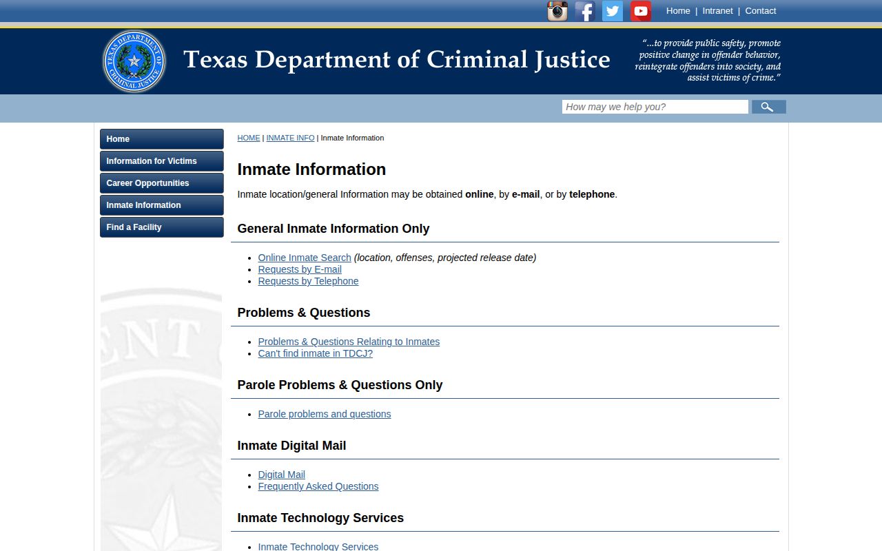 Texas Department of Criminal Justice offender information page