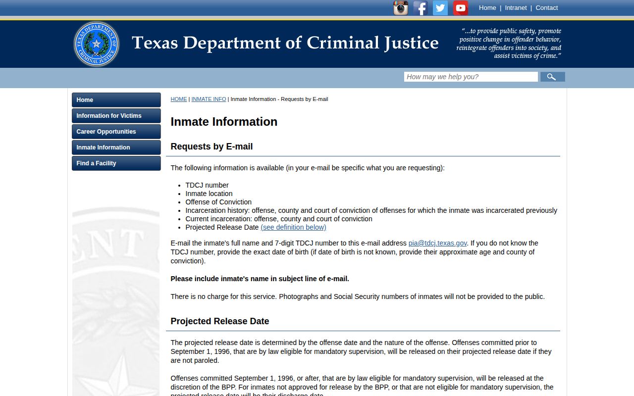 TDCJ email fallback for Val Verde County projected release dates